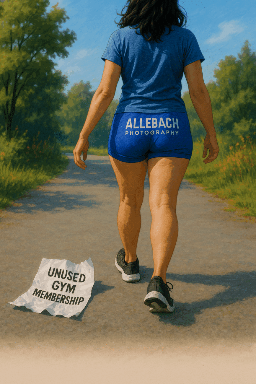 A colorful outdoor scene of a person walking confidently in Allebach Photography booty shorts, leaving a crumpled “Unused Gym Membership” contract behind on the ground.