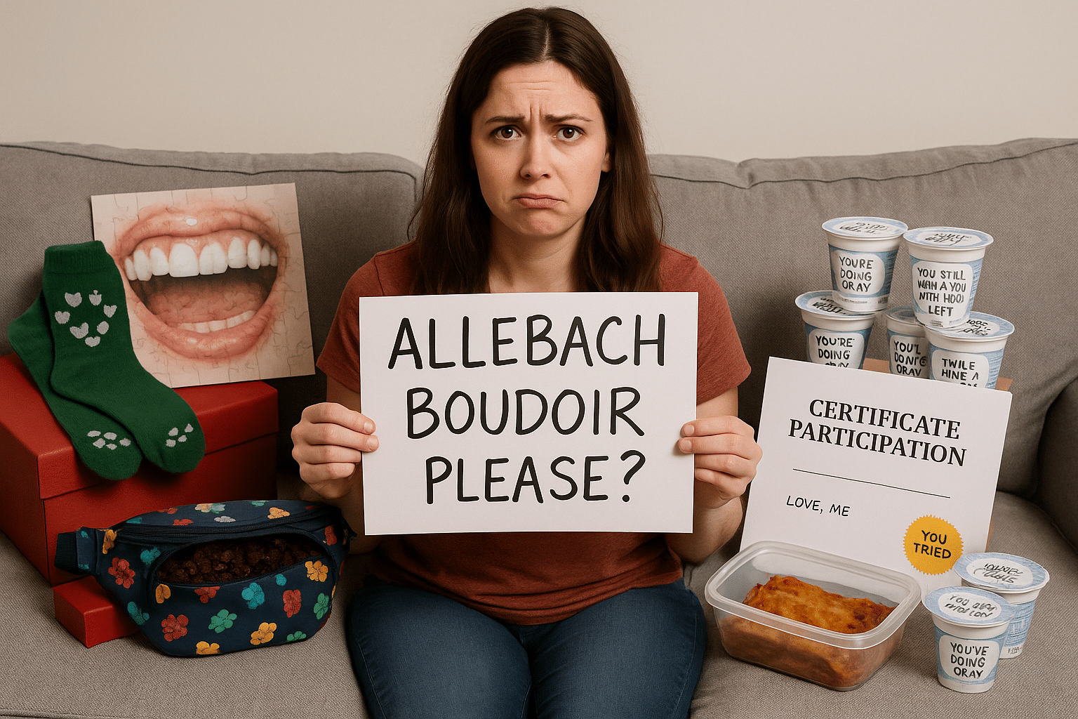 A woman holding a sign begging for a boudoir session instead of all of her terrible other gifts