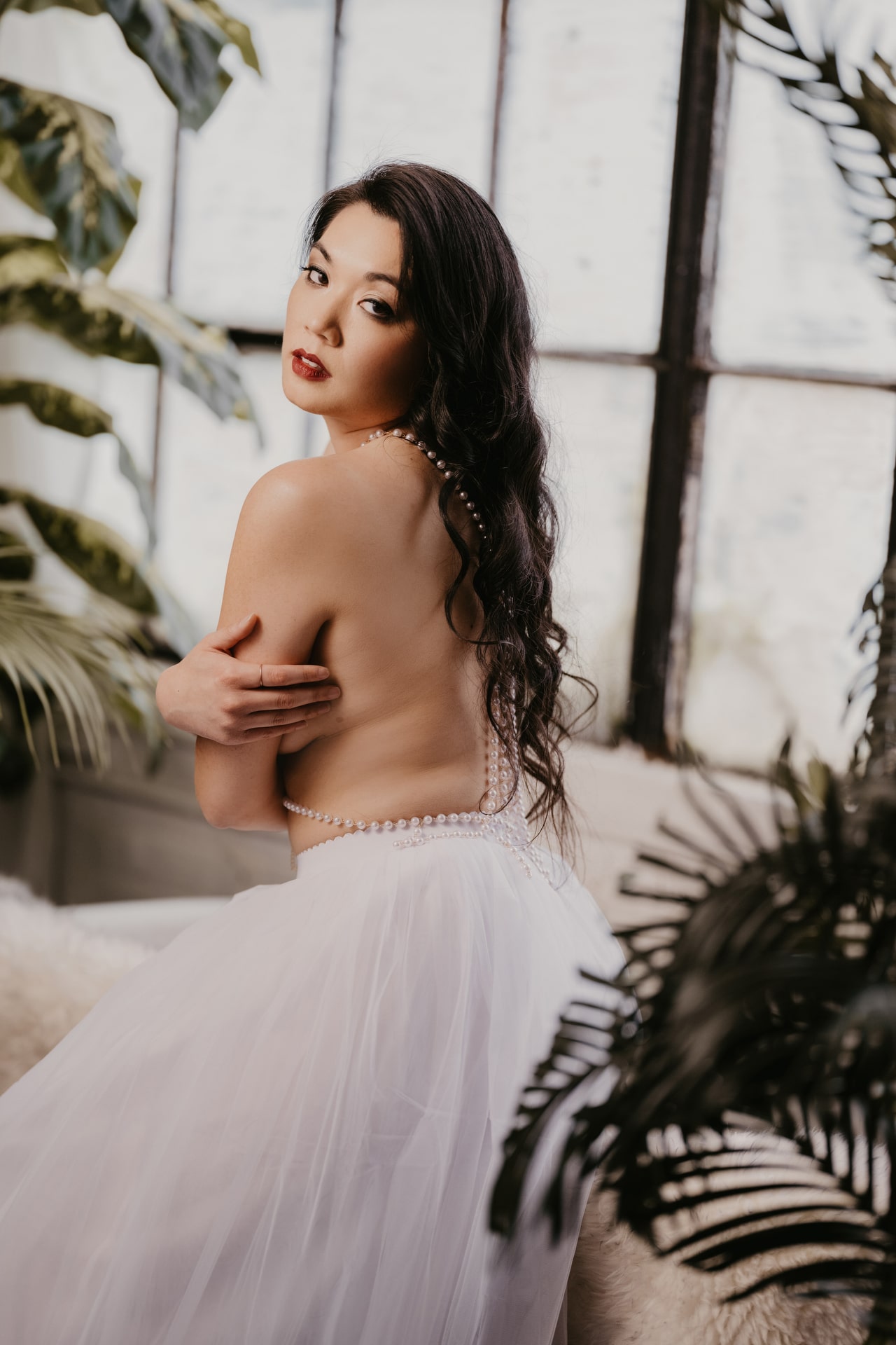 Bridal boudoir, tulle skirt with pearls, nude