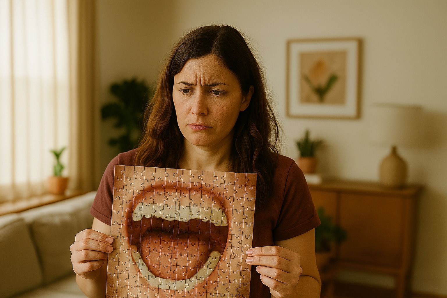 A woman holding a puzzle of the inside of a mouth – ridiculous gift idea better than boudoir