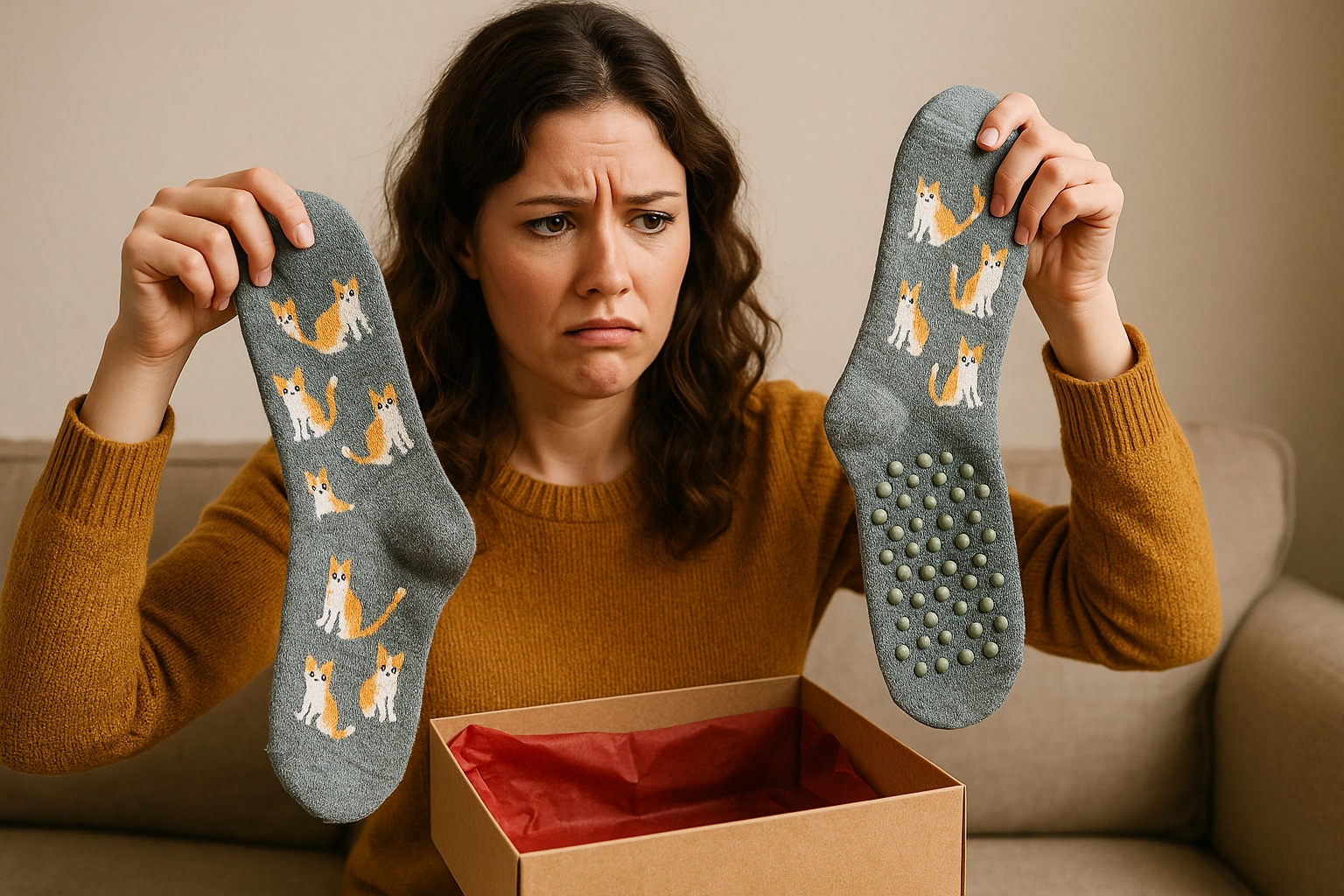 A woman holding socks with a confused look – ridiculous gift idea better than boudoir