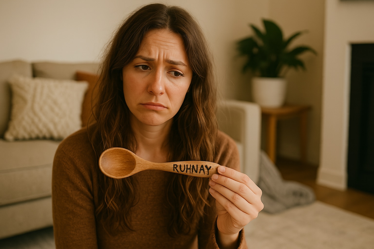 A woman holding an engraved spoon with her name spelled wrong – ridiculous gift idea better than boudoir